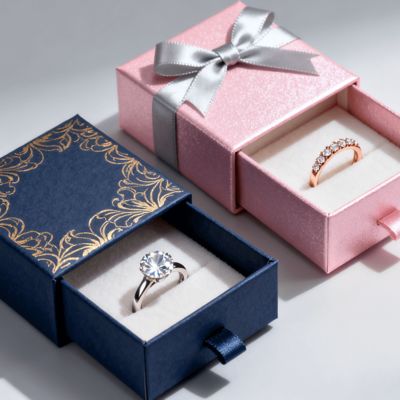 جعبه‌های انگشتر با لوگوی سفارشی لوکس قدیمی، مقوای عاجی با آستر اسفنجی مخملی، مهر زنی، ورنی زنی، پوشش UV، چاپ و بسته‌بندی