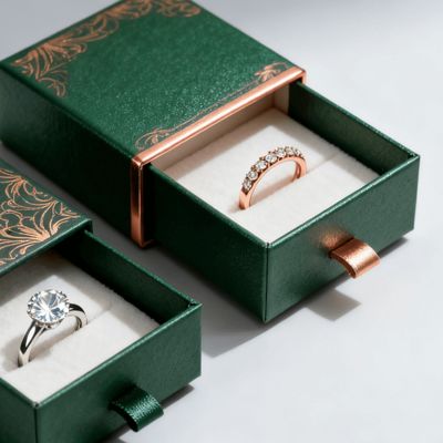 جعبه‌های انگشتر با لوگوی سفارشی لوکس قدیمی، مقوای عاجی با آستر اسفنجی مخملی، مهر زنی، ورنی زنی، پوشش UV، چاپ و بسته‌بندی